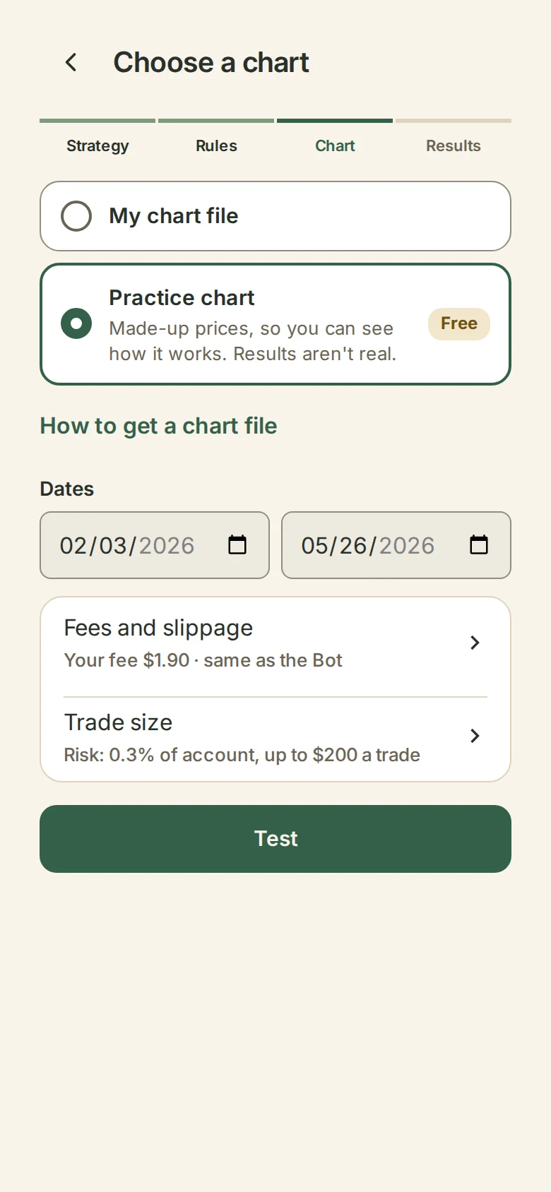 Choosing a chart file or the practice chart