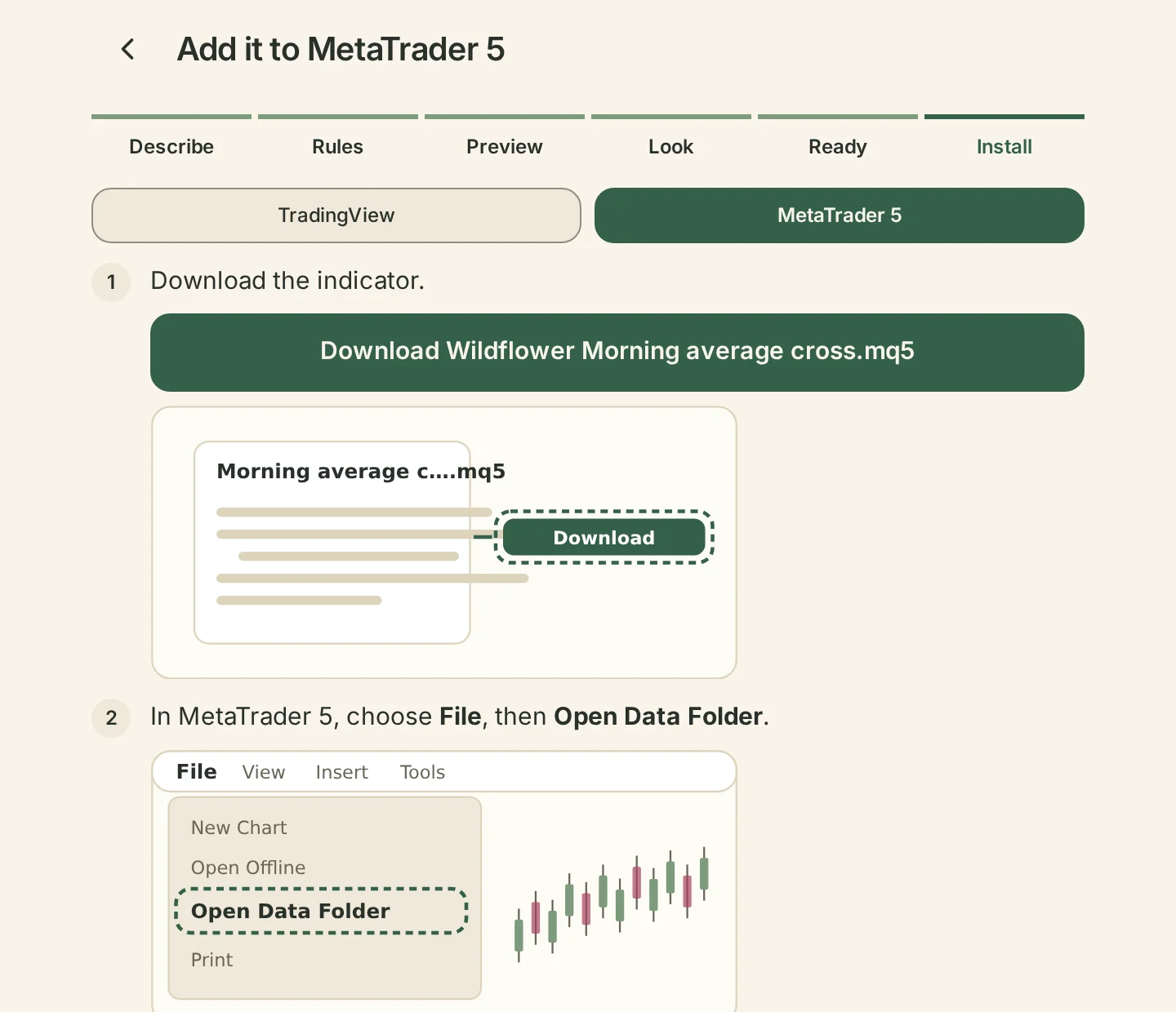 Add it to MetaTrader 5: download the file, with a picture of each step