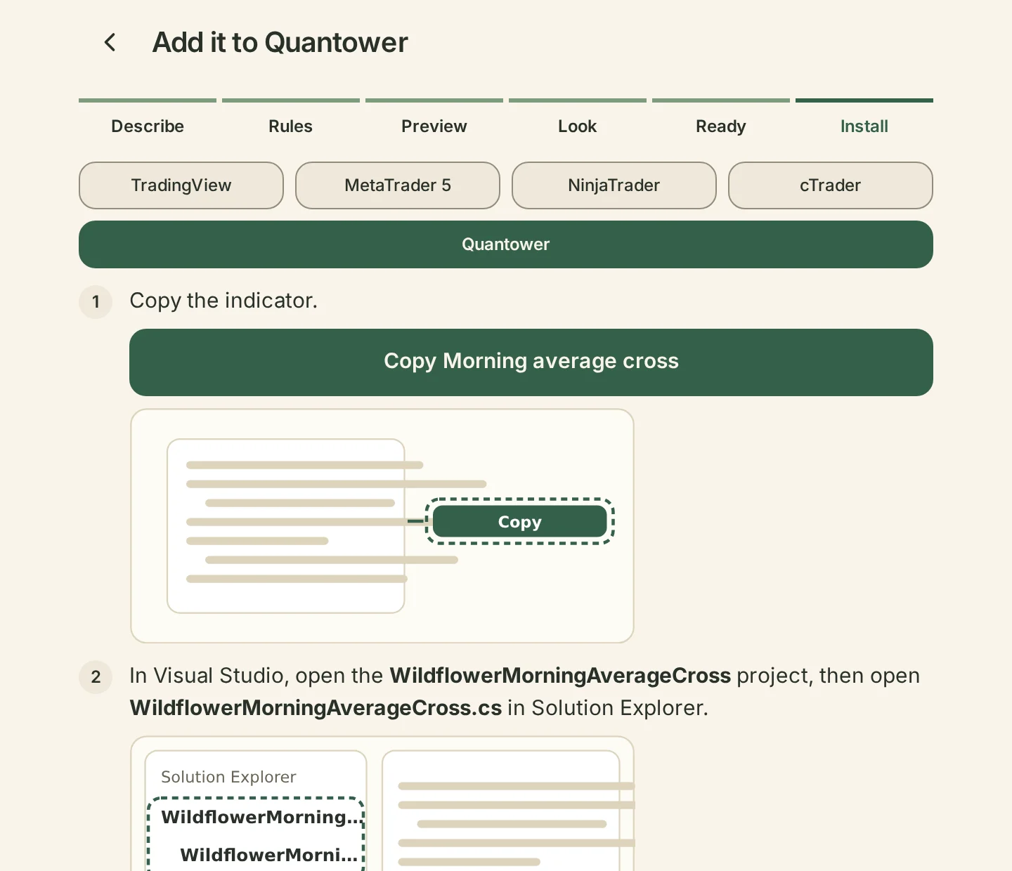 Add it to Quantower: copy the indicator, with a picture of each step