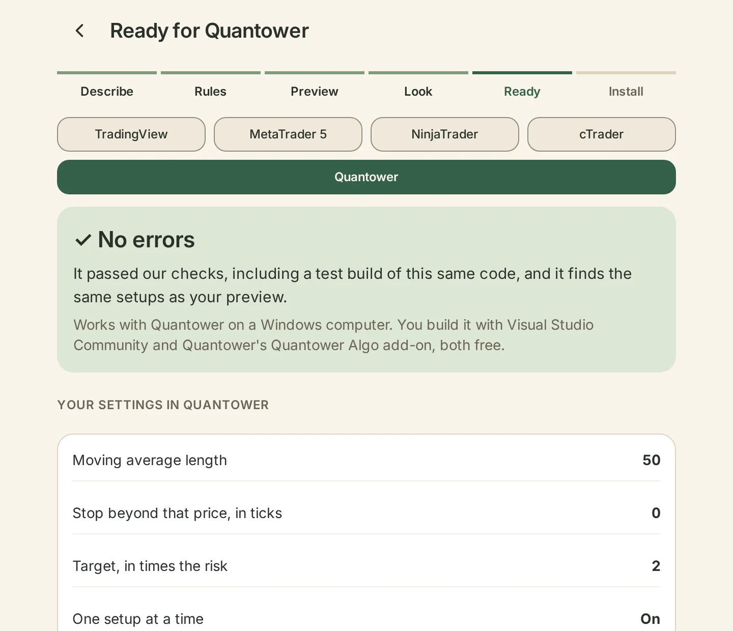 Ready for Quantower: checked for errors, and the settings you can change in Quantower